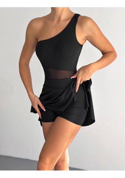 Ligossi Kadın Siyah Tek Omuz Tül Detaylı Etekli Şortlu Mayo