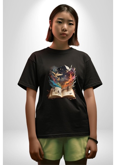 Hikaye Roman Kitabı Gerçekleşti Pamuklu Bisiklet Yaka Unisex Oversize Boyfriend Dijital Baskılı Siyah T-shirt Siyah