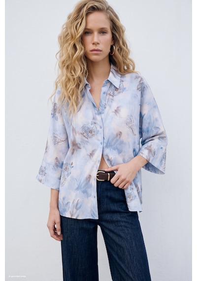Sateen Yarasa Kol Desenli İnce Gömlek - Mavi-137687