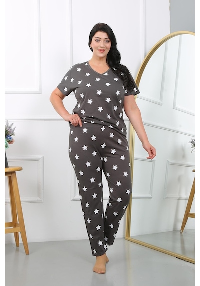 Akbeniz Kadın Büyük Beden Kısa Kol Penye Pijama Takımı Füme 202407-füme Füme Akbeniz Kadın Büyük Beden Kısa Kol Penye Pijama Takımı Füme 202407-füme Füme