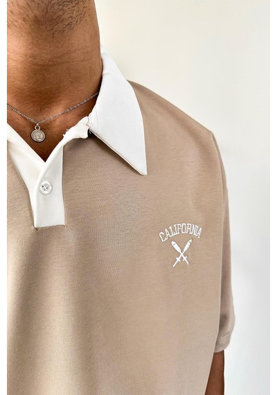 Krem California Polo Yaka Outplenty Premium Oversize Tişört Krem