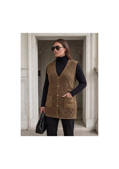 Onno Style Women Desenli Çelik Örgü Klasik Triko Yelek Krem