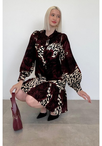 Madmext Bordo Desenli Düğmeli Kısa Kadın Elbise Mg2432 Bordo