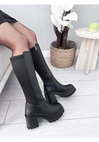 Asmi Shoes Kadın Siyah Lima Arkası Dalgıç Kumaş 8 Cm Platformlu Topuklu Çizme Siyah Siyah