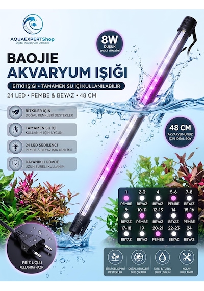 Baojie Akvaryum Işığı - Bitki Işığı - Balık Işığı - Tamamen Su Içinde Kullanılabilir - 24 Led - Pembe Beyaz - 48 Cm - Güçlü Aydınlatma - 8w