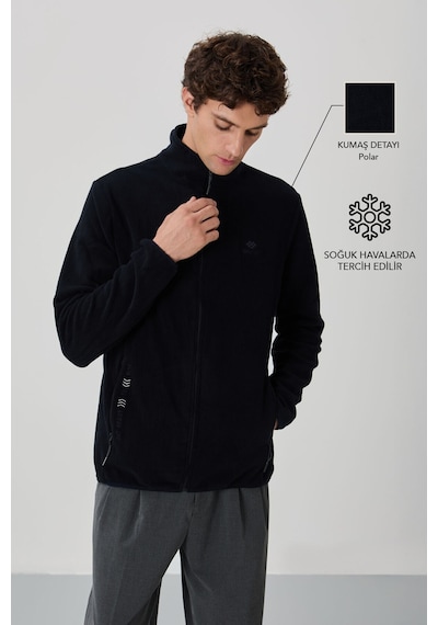 Tommy Life Lacivert Yazı Nakışlı Dik Yaka Fermuarlı Standart Kalıp Erkek Sweatshirt Polar - 87992 Lacivert