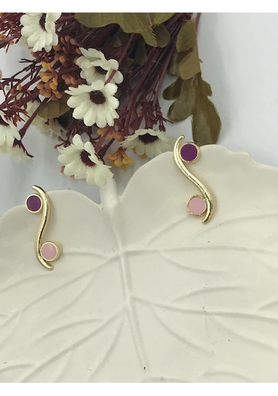 Aren Bijuteri Kadın Pembe Mor Daire Detaylı Gold Küpe Pembe - Mor