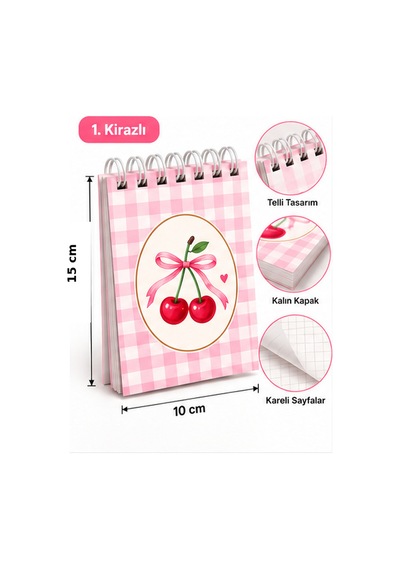 Kirazlı Model 15cm 10 Cm Spiralli Bloknot 40 Yaprak 80 Sayfa Çok Renkli