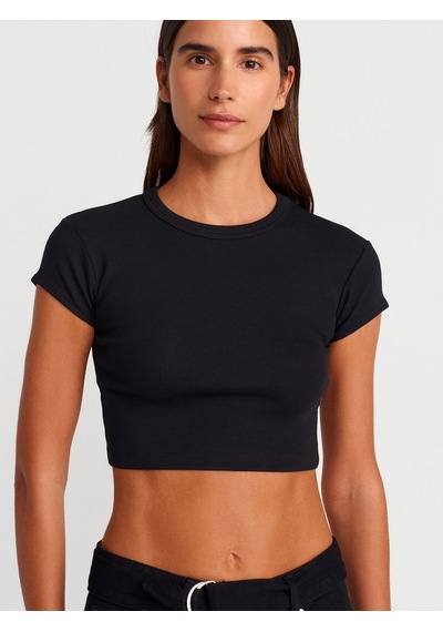 Dilvin 31810 Bisiklet Yaka Crop T-shirt-siyah Siyah