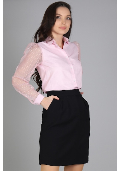 Sweetness Kadın Pudra Pembe Tül Kollu Uzun Kol Gömlek Pembe