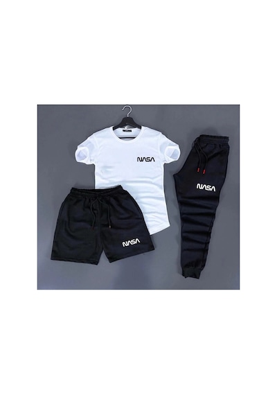 Unisex Yazlık Nasa Baskılı Şort T-shirt Eşofman Altı 3 Lü Set Bssort Siyah