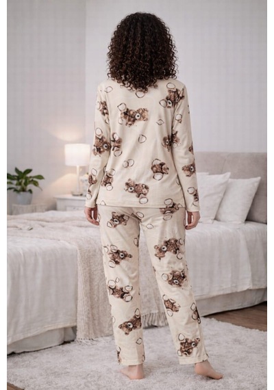 Pemilo Kadın 0519 Uzun Kol Süet Pijama Takımı Bej