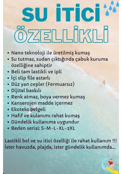 Miami Beach Su İtici Özellikli Dijital Baskılı Erkek Plaj Deniz Şort Mayo - D024-saks Mavi 001