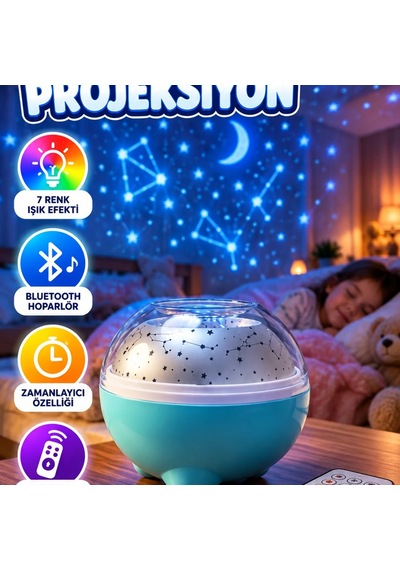 Bluetooth Hoparlörlü Yıldız Projeksiyon Gece Lambası 7 Renk Efekti, Rgb Led, Zamanlayıcı Ve Uzakta Renkli