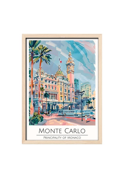 Monte Carlo Monaco Travel Poster Ahşap Çerçeveli Dekoratif Duvar Tablosu Ahşap 01