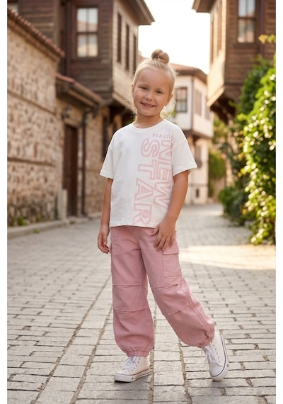 Aden Kids Kaz Tüğü Kumaş Oversize Pantalon İle Kombin Alt Üst Takım Ekru - Somon