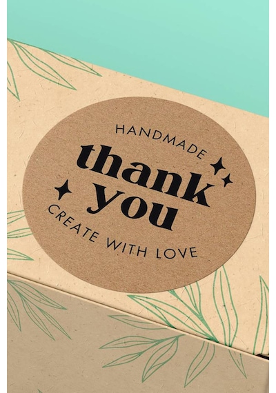 Handmade Thank You Kraft Etiket Sticker 3x3cm St2239 Çok Renkli