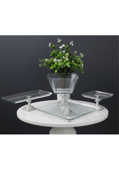 Elta Collection Argkristal Gümüş Detaylı Metal Ayaklı 4 Parça Sunum Seti