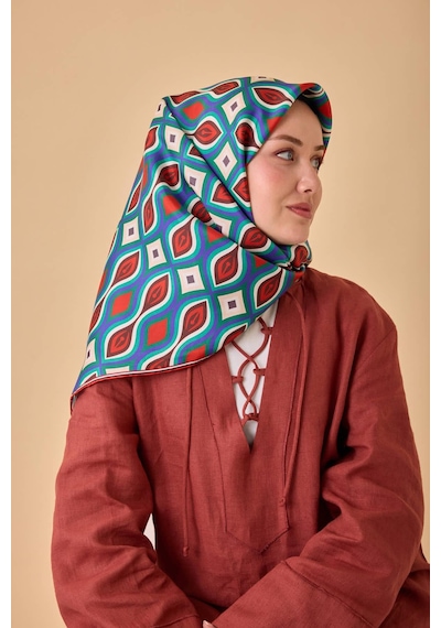 Silk Home Twill İpek Eşarp 11470-39 Patina Yeşili, Koyu Yeşil, Kırmızı