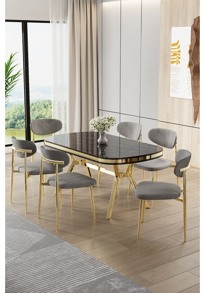 Canisa Olya Serisi 90x168 Lak Panel Sonata Masa Takımı Gold Ayaklı 6 Gri Sandalye Sonata Masa Gri Sandalye Canisa Olya Serisi 90x168 Lak Panel Sonata Masa Takımı Gold Ayaklı 6 Gri Sandalye Sonata Masa Gri Sandalye