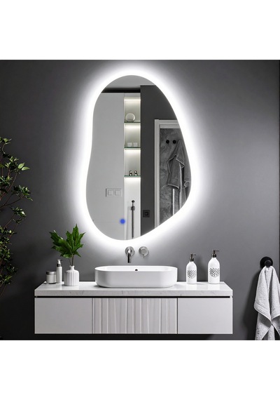 Nelyos Beyaz Led'li Lazer Kumlamalı Lavabo & Banyo Aynası Dokunmatik Sensörlü 100 X 65 Cm