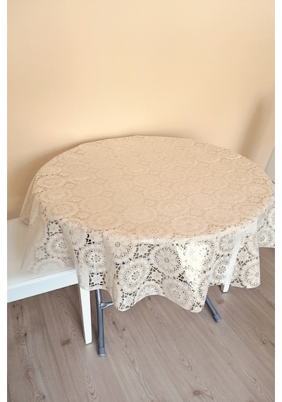 Üstü Şeffaf Muşamba Kaplama Dantel Görünüm Yuvarlak Masa Örtüsü -137 Cm Çap -krem Renk-çiçek