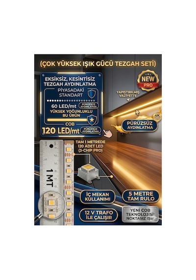 5mt Günışığı 3000k , Şerit Led ,mutfak Dolabı Tezgah Aydınlatması Led,1 Metrede 120 Led Yüksek Lümen,12v ,yapışkanlı Led Işık Trafo Hariç Günışığı-3000k