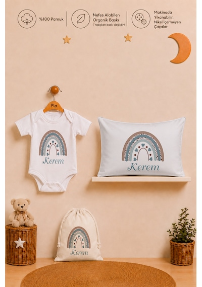 Pia Baby İsimli Erkek Bebek Hediye Seti %100 Pamuk Organik Baskılı Body Yastık Kılıfı Ve Ham Bez Bebek Kıyafet Kesesi 1073byk3x Ekru