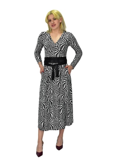 Kadın Viskon Zebra Desenli V Yaka Elbise Bgl-st03535 001