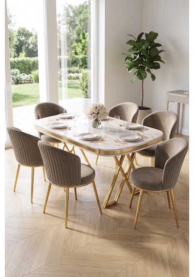 Nisare Serisi 90x168 Lak Panel Beyaz Mermer Desen Masa Takımı Gold Ayaklı 6 Sandalye Beyaz Mermer Masa Cappucino Sandalye Nisare Serisi 90x168 Lak Panel Beyaz Mermer Desen Masa Takımı Gold Ayaklı 6 Sandalye Beyaz Mermer Masa Cappucino Sandalye