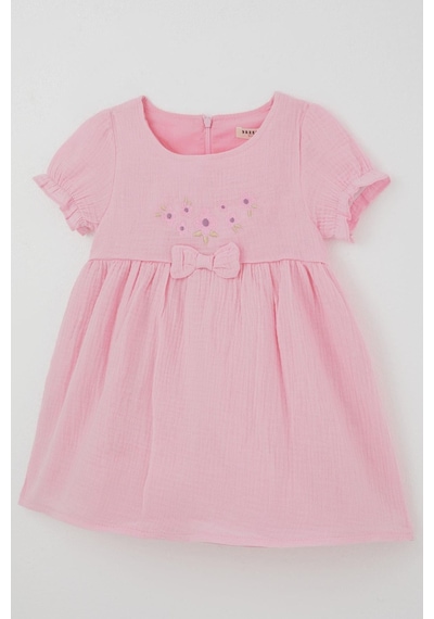Breeze Kız Çocuk Elbise Çiçek Nakışlı Kolları Lastikli Fiyonk Aksesuarlı 1-4 Yaş , Pembe