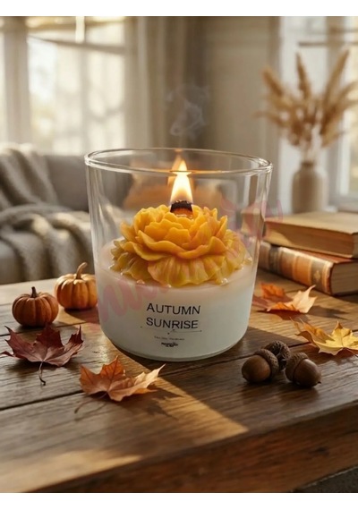 Mumelia Autumn Sunrise Şakayık Figürlü - Doğal Soya Cam Kavanoz Tasarım Mum - Sarı