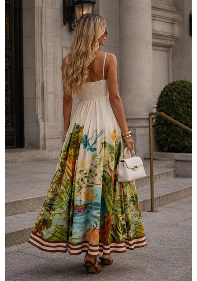 Asprinfashion Askılı Dijital Baskılı Maxi Elbise Yeşil