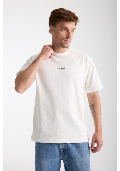 Erkek Milano Nakış Yazılı Oversize Bisiklet Yaka T-shirt Beyaz