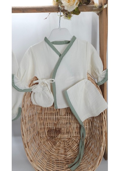 Gros Shop Yeni Doğan Burümcük Müslin Kumaş %100pamuk 4 Lü Hastane Çıkış Set Yeşil