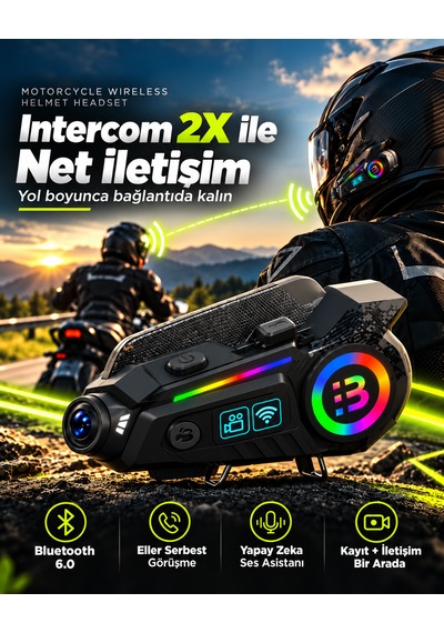Kameralı Motosiklet Kask İnterkomu 2k Hd Video Kayıt Bluetooth 6.0 Rgb Işıklı Ip65 1500mah Kask Kulaklığı