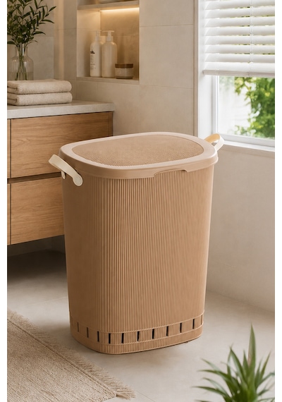 Porsima 0157-2 Still Mokka Kirli Çamaşır Sepeti 60 Lt Kapaklı, Hava Delikli, Kulplu Plastik Çamaşır Sepeti Kahverengi