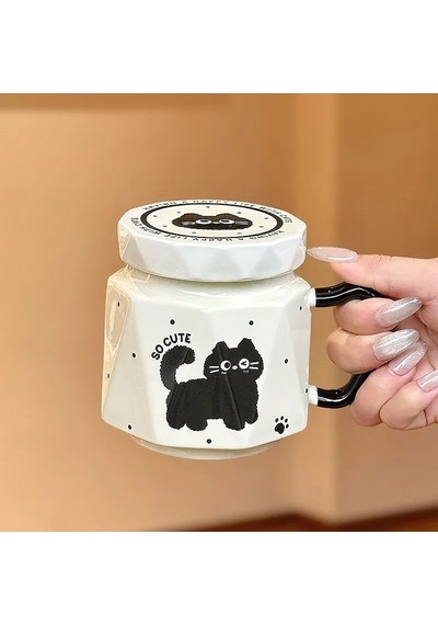 3d Kedi Figürlü Kapaklı Kupa Bardak Krem
