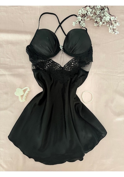 Mh Moony Homewears Ultra Lüks Kutulu Zonzanty Saten Gecelik Tül Sabahlık Seti Siyah