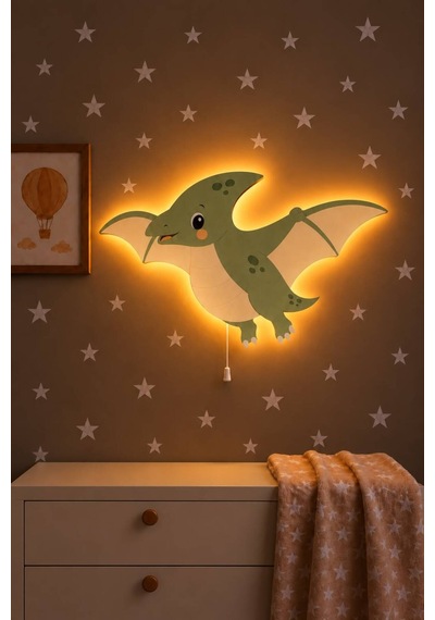 Ahşap Dinozor Gece Lambası Yıldız Hediyeli Pilli Ledli Bebek Çocuk Odası-dino3 Yeşil