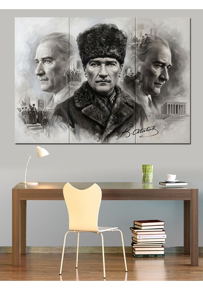 Üç Farklı Atatürk Portresi Çalışması Dekoratif Kanvas - Mdf Ahşap Tablo