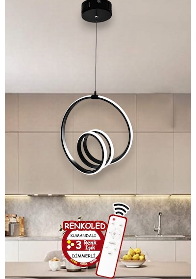 Kumandalı 3 Renk Işıklı Modern Sarkıt Led Avize Ledli Avize Antre Siyah