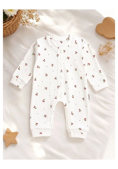 Ferasty İstanbul Kız Bebek Tulum Kirazlı Bebe Yaka Beyaz