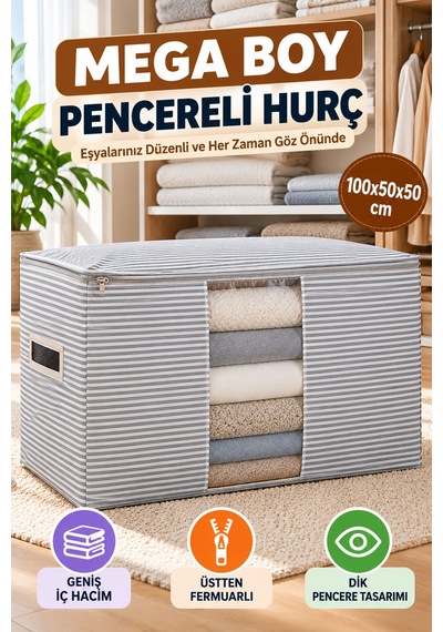 Gri Çizgili Mega Boy Pencereli Hurç 100x50x50 Cm Yorgan Battaniye Kıyafet Saklama Düzenleyici Hurç