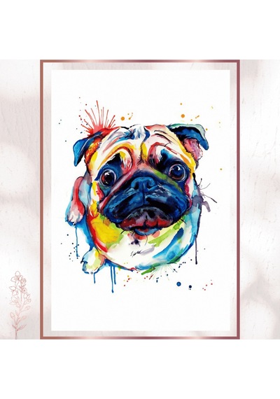 Renkli Pug Pvc Tablo - Sevimli Sulu Boya Köpek Pvc Tablo