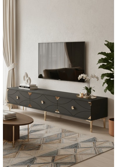 Tsa1897ag - Alfa Tsa180 Tv Stand, Tv Sehpası Ve Tv Ünitesi Antrasit - Gold 180cm Altın - Antrasit