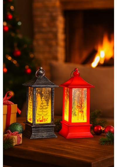 Led Işıklı Noel Feneri 2 Li Set Çam Ağacı & Bambi Temalı Dekoratif Yılbaşı Lambası 14 Cm 12 CM