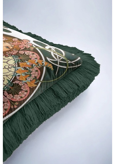 Art Nouveau Saçaklı Yastık Kılıfı - Romantik Kadın Figürü Bohem Yeşil Püsküllü Kırlent Kılıfı Çok Renkli