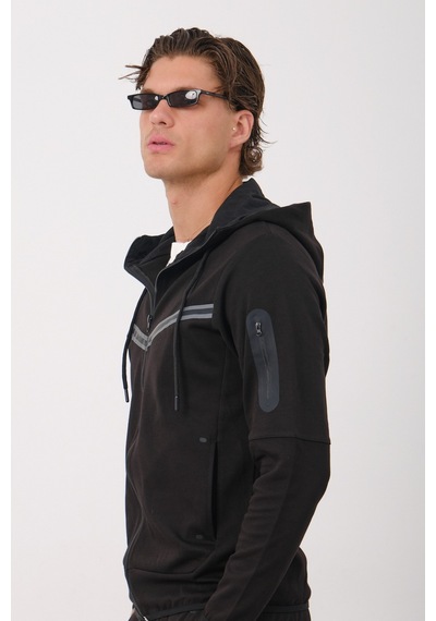 Dechers Erkek Siyah Tech Fleece Double Face Kapüşonlu Fermuarlı Eşofman Takımı - E228