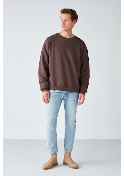 Grimelange Stephan  Erkek Yumuşacık Kumaşlı Organik Pamuklu Oversize Fit Yuvarlak Yakalı Kahverengi Sweatshirt
